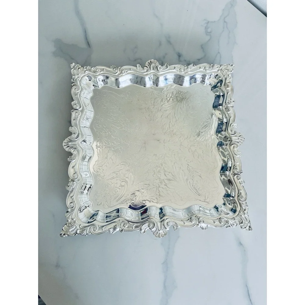Vintage Birmingham Victorian Style Silver Plated Square Platter Trays Set Of 2